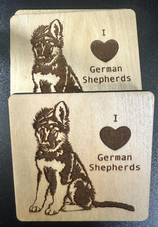 German Shepherd Puppy I love German Shepherds- Set of Four Coasters- Laser Engraved- Pet owner gift